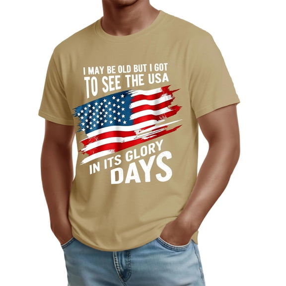 CIENVNSTG Casual Lightweight T-Shirt for Men Independence Day Letter Print Pattern Crew Neck Short Sleeve Design for Patriotic Holiday Events Daily Outings Outdoor Gatherings and Summer Wear Khaki XL