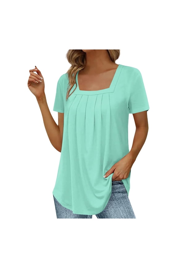 Casual Summer Tunic Tops for Women Pleated Design Square Neck Short Sleeve Solid Color Tee Shirts Fashion Clothing for Daily Wear Weekend Outings and Social Gatherings Mint Green M
