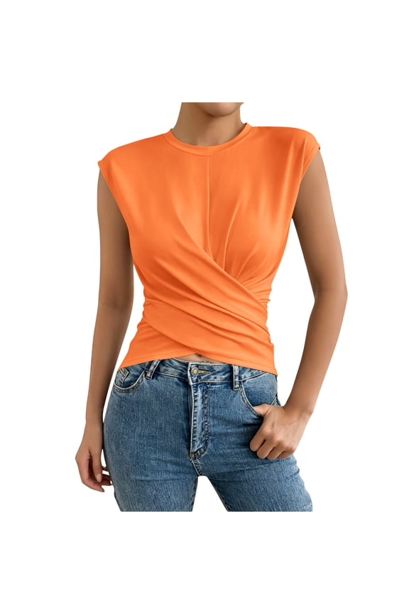 Casual Twist Front Ruched Tank Tops for Women Round Neck Cap Sleeve Cross Wrap Slim Fit Stretchy Cropped Summer Daily Shirts S