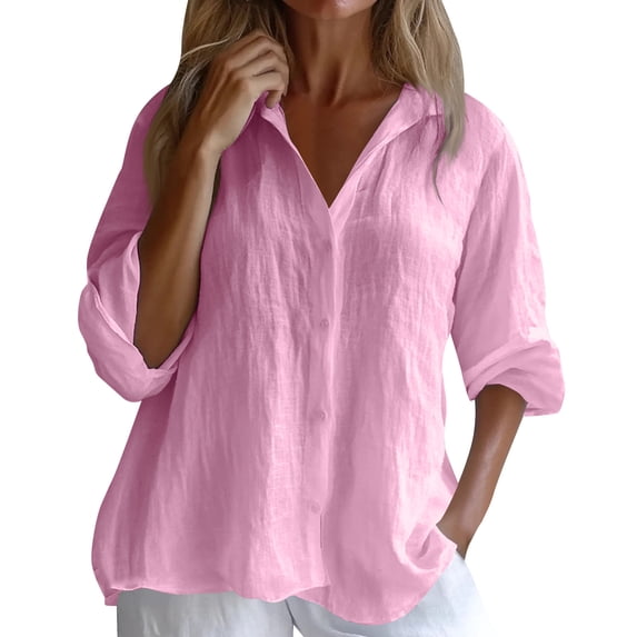 CIENVNSTG Cotton Linen Button Down Shirt for Women Henley Long Sleeve Blouses Lightweight Spring Summer Loose Solid Casual Work Tops Pink 2XL