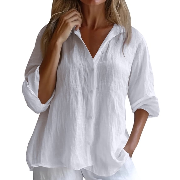 CIENVNSTG Cotton Linen Button Down Shirt for Women Henley Long Sleeve Blouses Lightweight Spring Summer Loose Solid Casual Work Tops White M