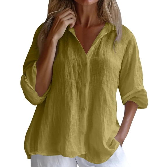 CIENVNSTG Cotton Linen Button Down Shirt for Women Henley Long Sleeve Blouses Lightweight Spring Summer Loose Solid Casual Work Tops Yellow XL