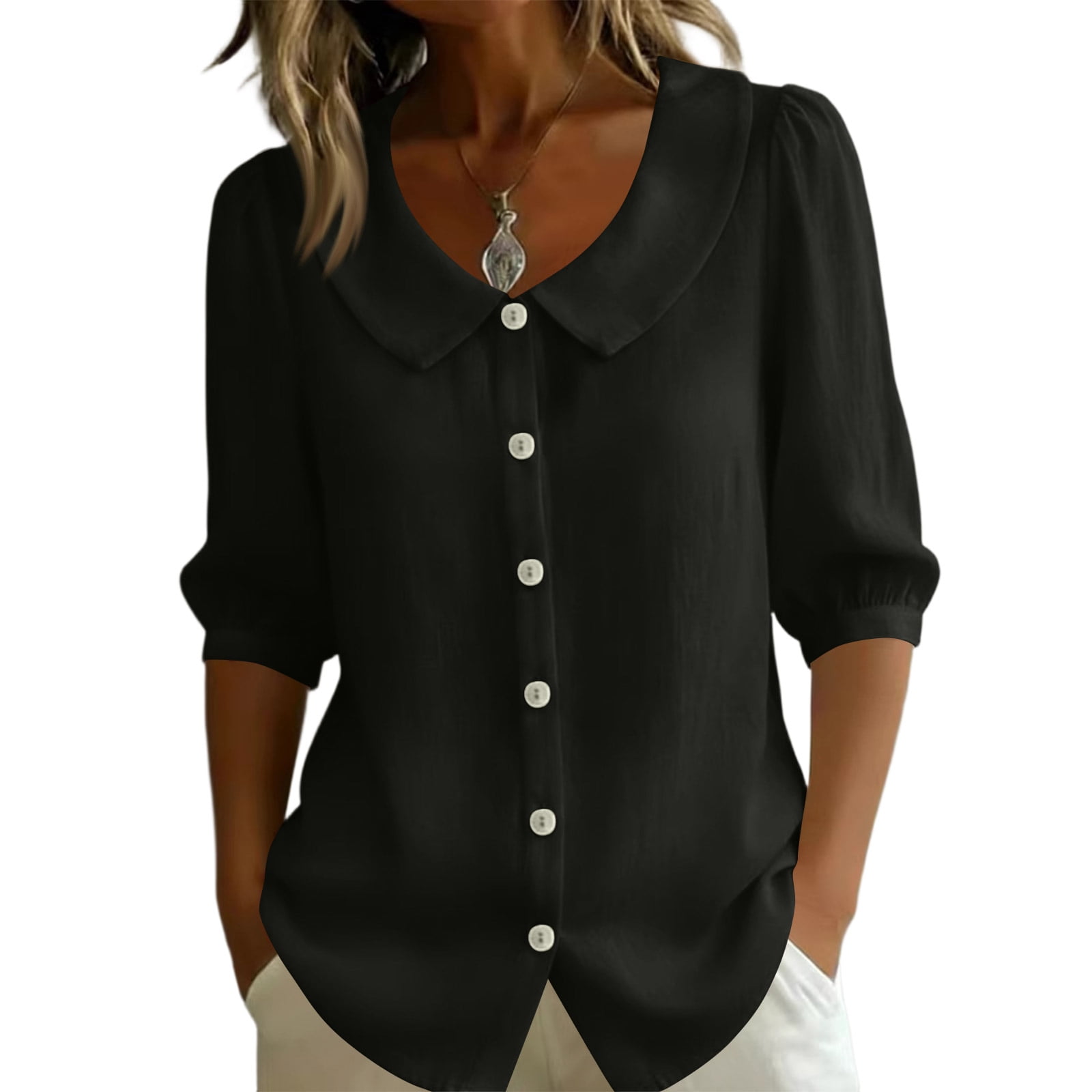 CIENVNSTG Cotton Linen Elbow Sleeve Shirts for Women Classic Lapel ...