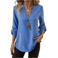 thumbnail image 1 of CIENVNSTG Cotton Linen Shirts for Women Tops 3/5 Sleeve Button Down V Neck Design Lightweight Blouse for Vacation Work School Business Casual Occasions Everyday Wear with Ease Blue 2XL, 1 of 4