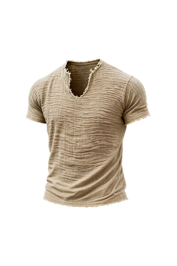 Cotton Linen Tee for Men Frayed Trim Notch V Neck Striped Texture Short Sleeve Tops Vintage Relaxed Fit Retro Daily Wear Solid Hue Casual Shirts Beige M