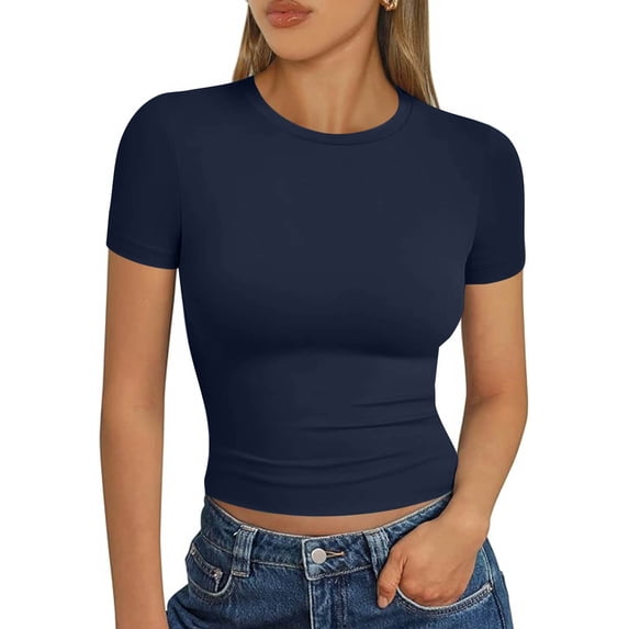 CIENVNSTG Crew Neck Crop Tops for Womens Summer Short Sleeve Slim Fit Buttery Soft Fabric Y2k Styling Casual Basic Tees for Workout Daily Leisure And Outgoing Occasions Navy M