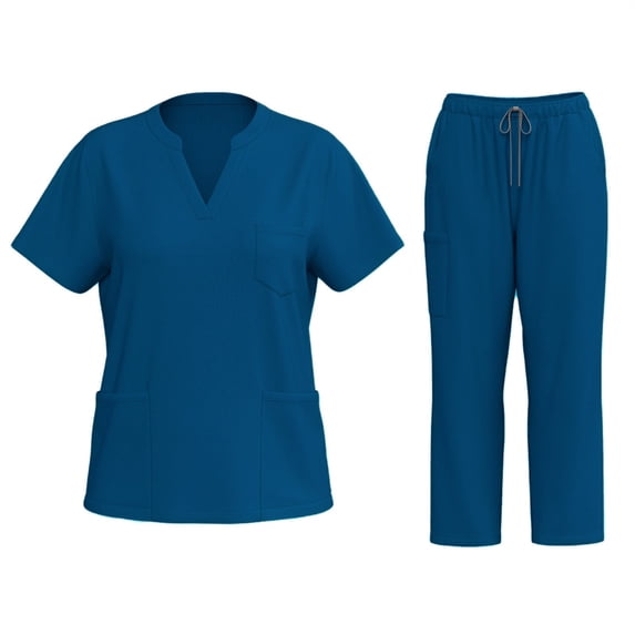 CIENVNSTG Cute Scrubs for Women Set V-Neck Short Sleeve Scrub Tops Soft Stretch Solid Color Straight Leg Pants Dark Blue XL