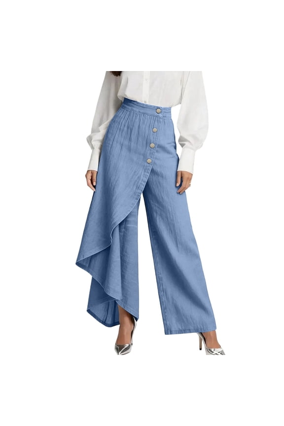 Daily Working Gathering Versatile Wearing for Women High Waisted Wrap Straight Leg Summer Pants Button Down Side Split Ruffle Flowy Casual Business Everyday Long Trousers Sky Blue 2XL