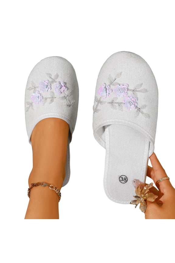 Designer Closed Toe Slippers 3D Floral Embroidery Velvet Closed Toe Mule House Slippers Lightweight House Slippers White 39