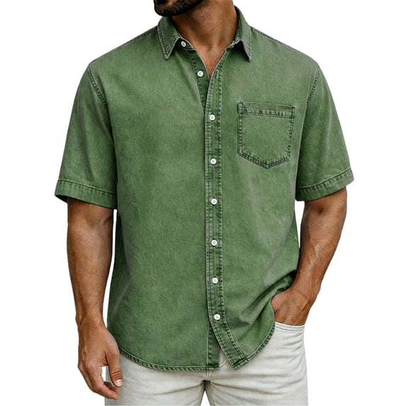 CIENVNSTG Distressed Denim Shirts Shirts for Men Short Sleeve Button Front Shirt with Chest Pocket Summer Casual Vintage Washed Loose Fit Denim Shirt Green XL