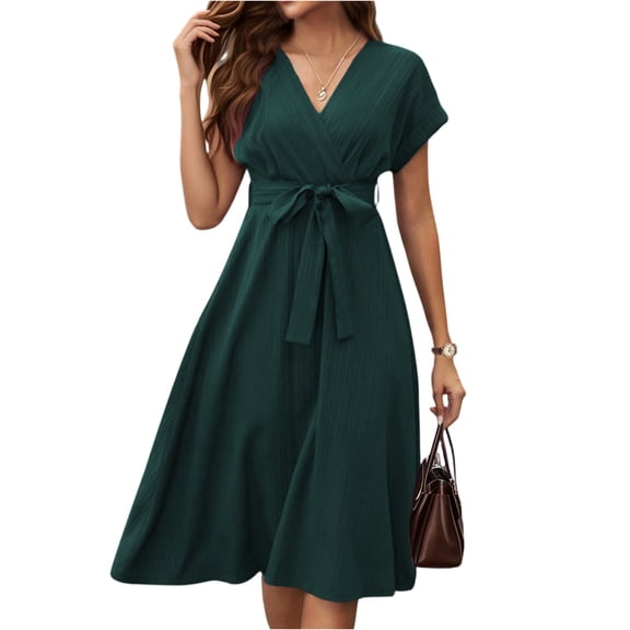 CIENVNSTG Dresses for Women Mid Length Dresses a Line Vestidos Slim Fit V Neck Short Sleeve Tight Waist Elegant Splice Lace Up Bow Summer Classy Dress Green L