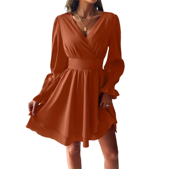CIENVNSTG Dresses for Women V Neck Lantern Sleeve Wrap Mini Dress Ruched High Waist Elegant Evening Dress Orange L