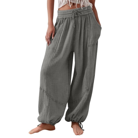 CIENVNSTG Elastic High Waisted Radish Pants for Women Summer Casual Cotton Linen Material Solid Color Straight Leg Lightweight Beach Style Pants with Functional Pockets Gray M