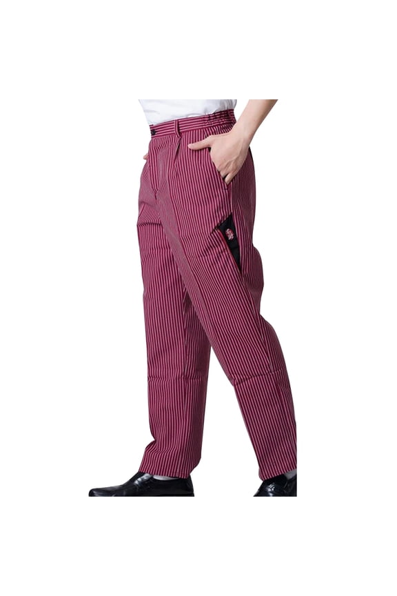 Elastic Waist Striped Baggy Chef Trousers Cook Style with Pocket for Restaurant Kitchen Food Service Daily Work Uniform Red XXXL
