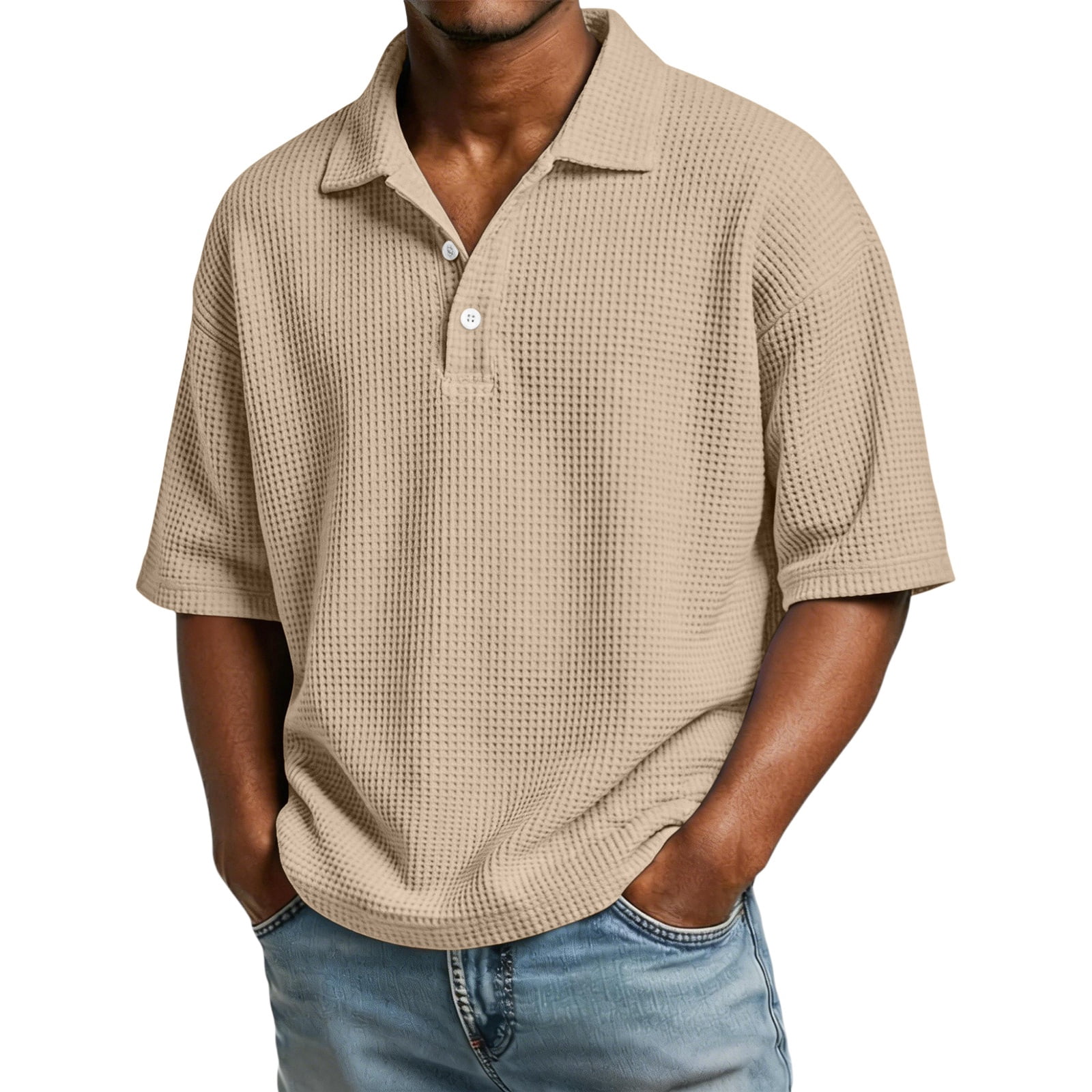 CIENVNSTG Elbow Sleeve Oversized Shirts For Men Waffle Fabric Button ...