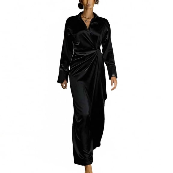 CIENVNSTG Elegance Women's Dress Fashion Solid V-neck Long Sleeve High Waist Velvet Dress Party Ball Formal Dress Black 2XL