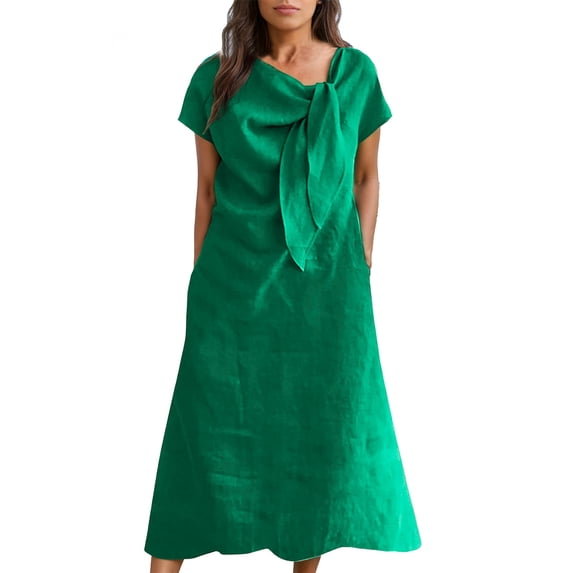 CIENVNSTG Elegant Solid Short Dresses Summer Casual Loose O Neck Lace Up Skirt Simple Elegant Formal Dress Green M