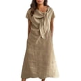thumbnail image 1 of CIENVNSTG Elegant Solid Short Dresses Summer Casual Loose O Neck Lace Up Skirt Simple Elegant Formal Dress Khaki 4XL, 1 of 5