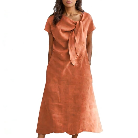 CIENVNSTG Elegant Solid Short Dresses Summer Casual Loose O Neck Lace Up Skirt Simple Elegant Formal Dress Watermelon Red S