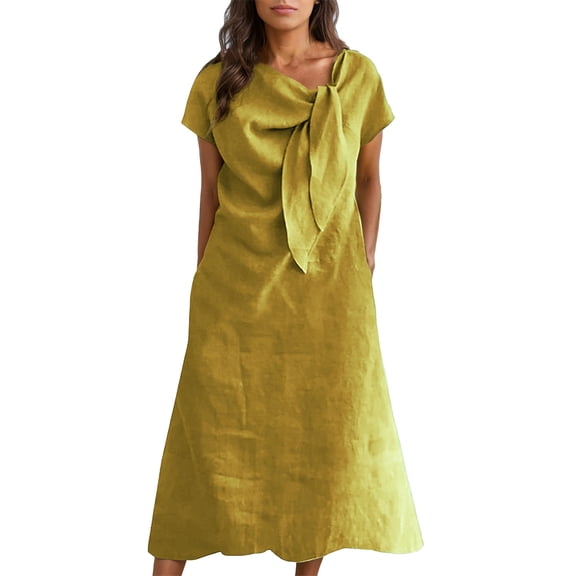 CIENVNSTG Elegant Solid Short Dresses Summer Casual Loose O Neck Lace Up Skirt Simple Elegant Formal Dress Yellow XL