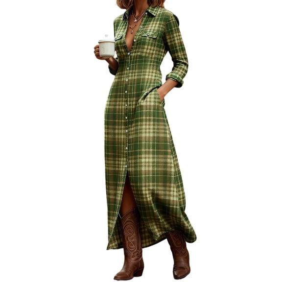CIENVNSTG Fall Plaid Print Swing Long Dresses Woman Sexy Lapel Shirt Dress Casual Long Sleeve Pocket Slit Maxi Dress Army Green 2XL