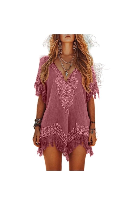 Fashion Printed Tassel Ethnic Retro Mini Dresses Vintage Women Sexy Deep V Holiday Dress Pink 2XL