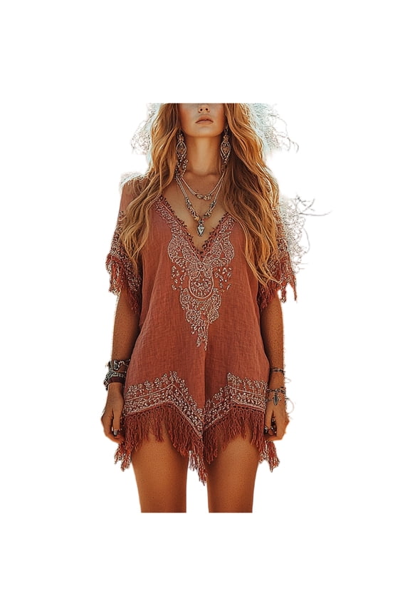 Fashion Printed Tassel Ethnic Retro Mini Dresses Vintage Women Sexy Deep V Holiday Dress Red L