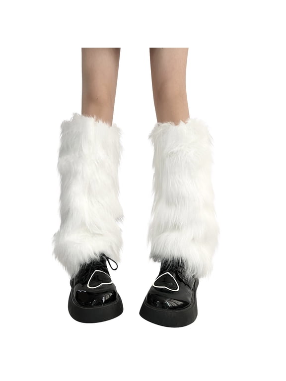 Faux Fur Calf Length Leg Warmers for Women Loose Slouchy Cut Solid Color Plush Fluffy Texture Harajuku Fashion Leg Accessory White
