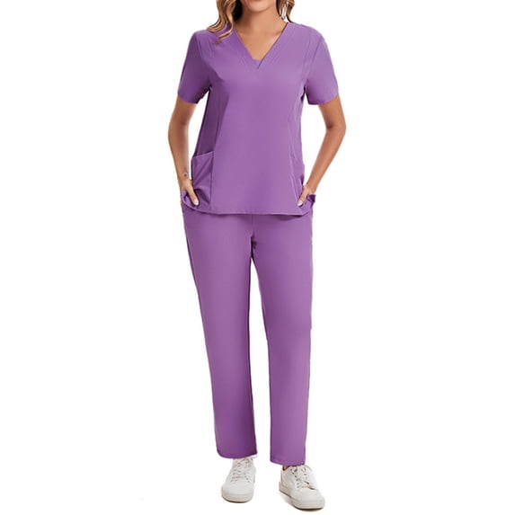 CIENVNSTG Fitted Scrubs for Women Set V-Neck Short Sleeve T-Shirts Soft Stretch Solid Color Cargo Pants Medical Uniform Scrub Purple L