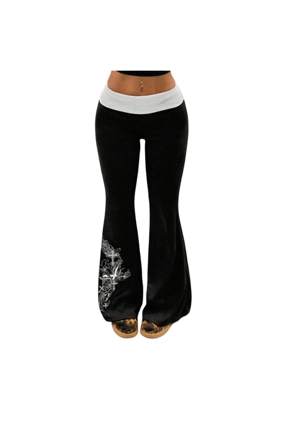 Flare Pants for Women High Waist Floral Print Stretchy Soft Bell Bottom Y2K Retro Streetwear Casual Daily Trendy Trouser Bottoms Black XXL