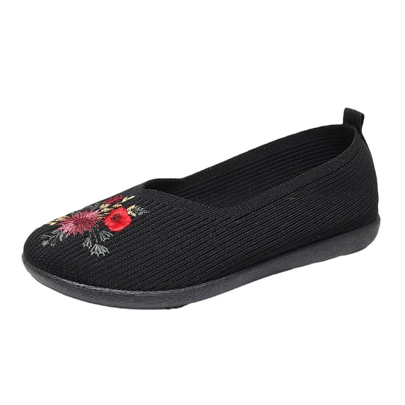 CIENVNSTG Flat Shoes For Women Floral Embroidered Knitted Flat Shoes Casual Breathable Round Toe Ballet Flats Shoes Soft Bottom Walking Shoe Black 36
