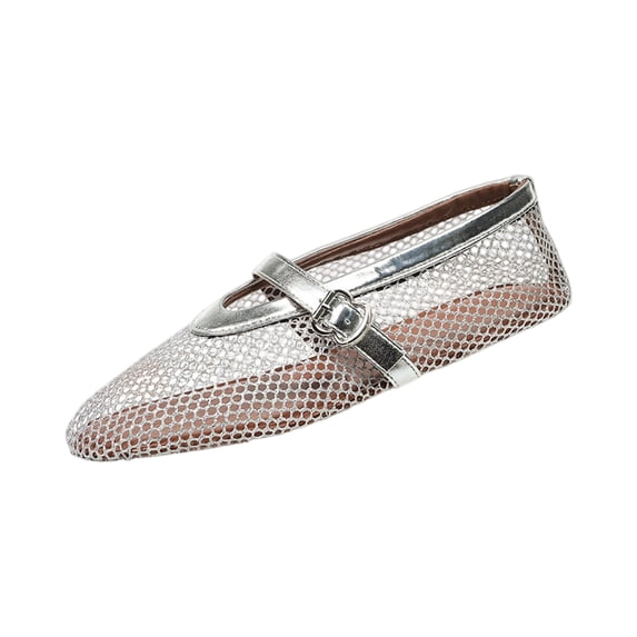 CIENVNSTG Flats For Women Mesh Ballet Flats For Women Buckle Strap Comfy Casual Office Fishnet Ballerina Flat Shoes Silver 43