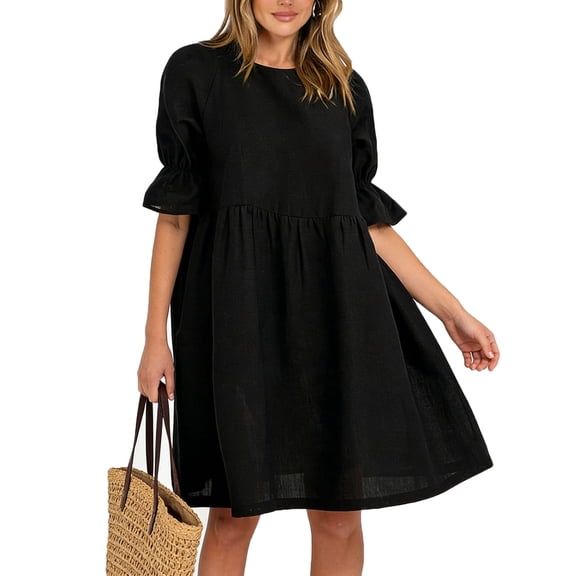 CIENVNSTG Formal Dresses for Women Round-Neck Long Sleeve Business Casual Dress Black S