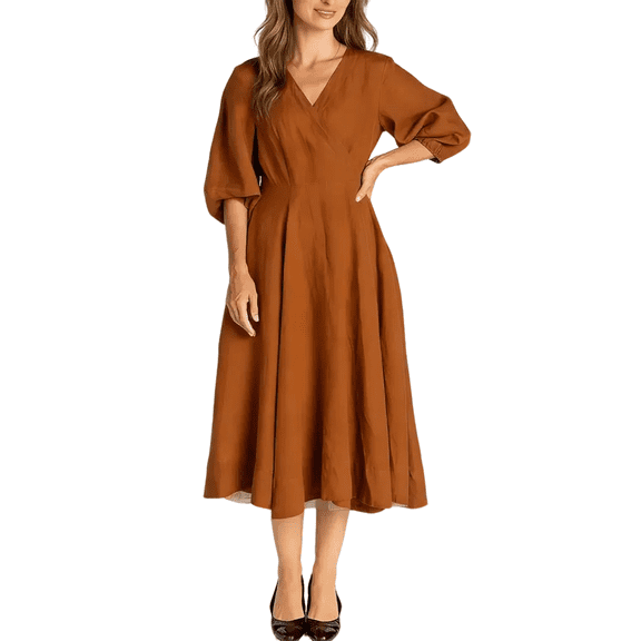 CIENVNSTG Formal Dresses for Women Solid Color Seven Quarter Sleeve Cotton Linen Formal Wedding Guest Dress Ginger M