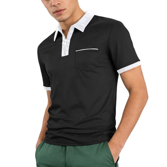 CIENVNSTG Half Zip Contrast Collar Polo Shirts For Men Short Sleeve Lightweight Quick Dry Breathable Tops With Chest Pocket Contrast Cuff Detail Casual Daily Athletic Golf Apparel Black 2XL