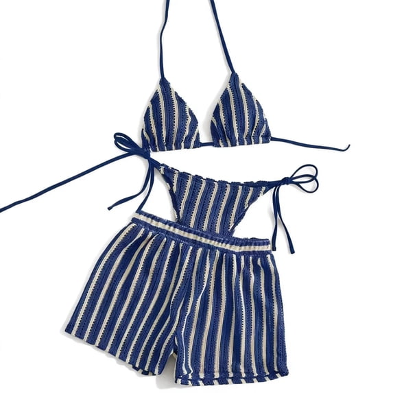 CIENVNSTG Halter Striped Three Pieces Swimwear Womens Bohemian Bikini Set Equipped With Cover Up Shorts Casual Holiday Bathing Suit Navy L