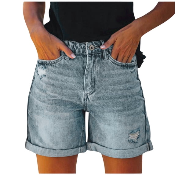 CIENVNSTG High‑Rise Ripped Distressed Denim Shorts Womens Casual Rolled Hem Loose‑Fit Trendy Summer Jeans Shorts for Daily Wear Street Style Outdoor Summer Vacation Occasions Light Blue 2XL