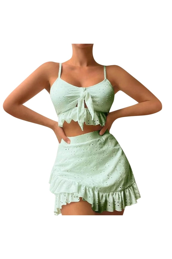 High Waisted Two Piece Bathing Suit Womens Solid Ruffle Twist Front Eyelet Flowy Tummy Control Swimwear With Skirt Light Green S