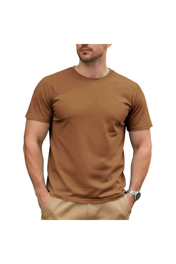 Hunting Shirts for Men Short Sleeve T-Shirt Men Crew Neck Solid Color Casual Mens Clothing New Running Gym Workout Tops Light Brown XL