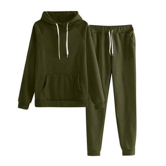 CIENVNSTG Jogger Sets for Women 2 Piece Solid Color Lounge Sets Fall Drawstring Sweatshirt Sets Outfits Matching Sweatsuits Army Green S