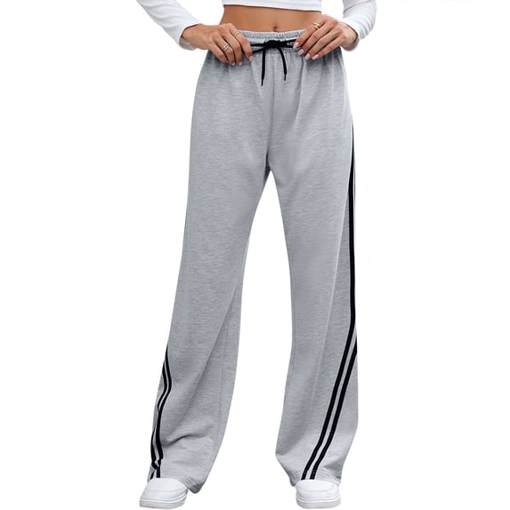CIENVNSTG Ladies High Waist Drawstring Wide Leg Track Pants Side Striped Pattern Loose Straight Fit Sweatpants with Functional Pockets Comfortable Athletic Bottoms for Jogging Running Sports Gray 2XL