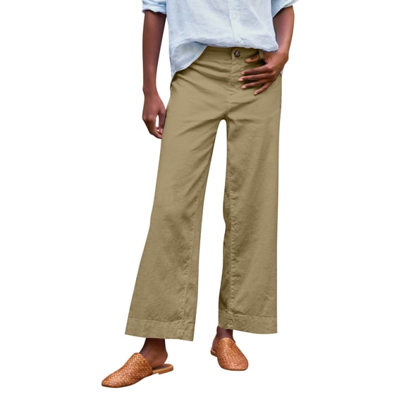CIENVNSTG Linen Pants Women Wide Leg Elastic High Waist Cropped Trousers Summer Fashion Business Casual Work Pant with Pockets Earthy Yellow 2XL