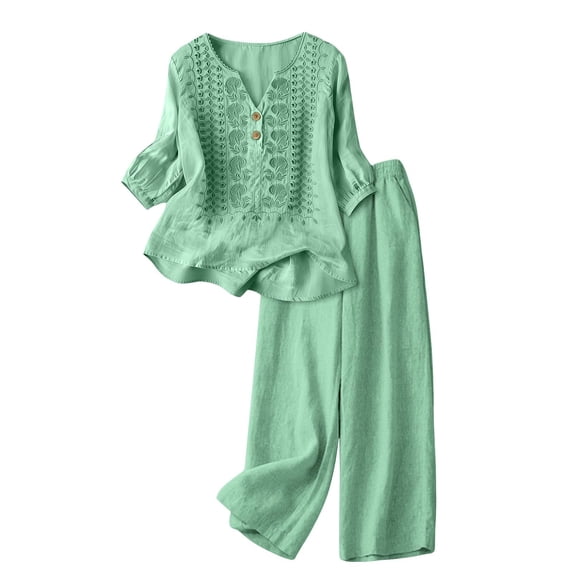 CIENVNSTG Linen Sets For Women 2 Piece Casual Vneck Embroidered 3/4 Sleeve Tops Wide Leg Linen Pants Set Mature Women Clothing Light Green M