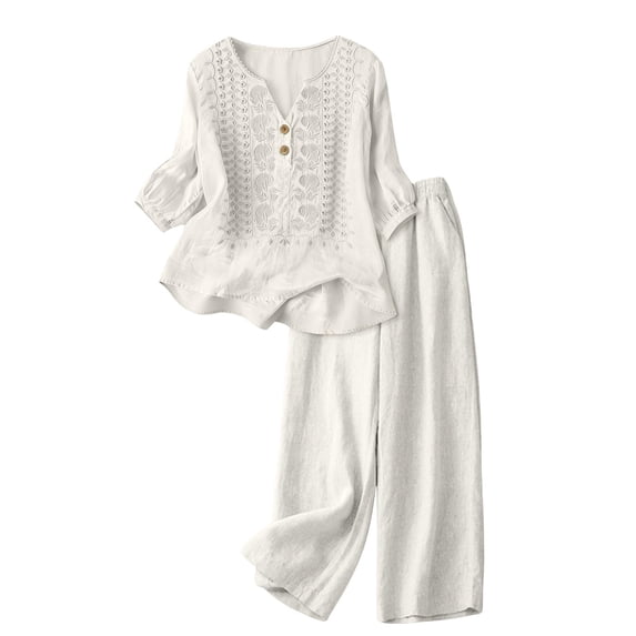 CIENVNSTG Linen Sets For Women 2 Piece Casual Vneck Embroidered 3/4 Sleeve Tops Wide Leg Linen Pants Set Mature Women Clothing White 3XL