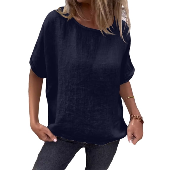 CIENVNSTG Linen Shirts for Women Loose Fit Crew Neck Short Sleeve Tops Plus Size Lightweight Pullover Top Casual Dressy Blouse Dark Blue S