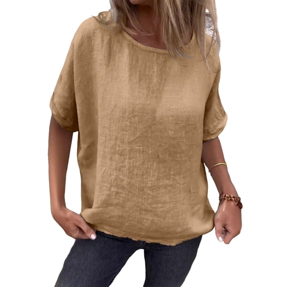 CIENVNSTG Linen Shirts for Women Loose Fit Crew Neck Short Sleeve Tops Plus Size Lightweight Pullover Top Casual Dressy Blouse Earthy Yellow S