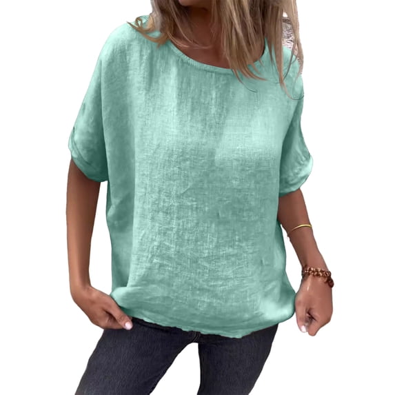 CIENVNSTG Linen Shirts for Women Loose Fit Crew Neck Short Sleeve Tops Plus Size Lightweight Pullover Top Casual Dressy Blouse Turquoise S
