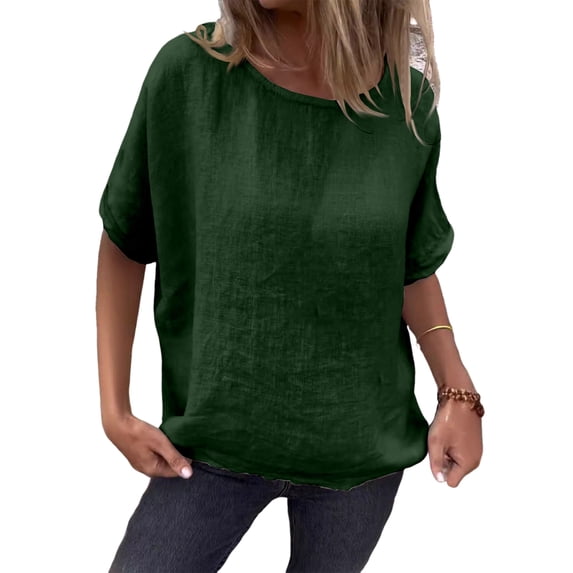 CIENVNSTG Linen Shirts for Women Loose Fit Crew Neck Short Sleeve Tops Plus Size Lightweight Pullover Top Casual Dressy Blouse XL