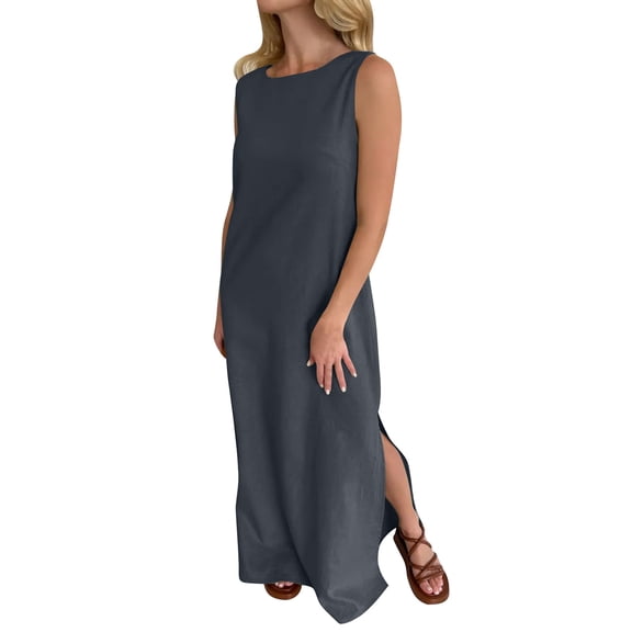 CIENVNSTG Long Dresses for Women Formal Summer Elegant Long Dress Fashion Solid Sleeveless O-Neck Temperament Slim A-Line Casual Beach Dress Gray S