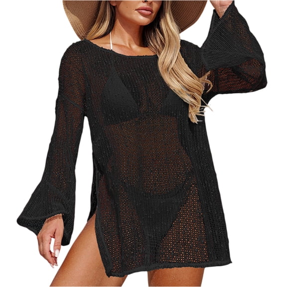 CIENVNSTG Long Sleeve Hollow Out Solid Crochet Knitted Tunic Beach Cover Up Cover-ups Beach Dress Female Beach Wear Beachwear Black M